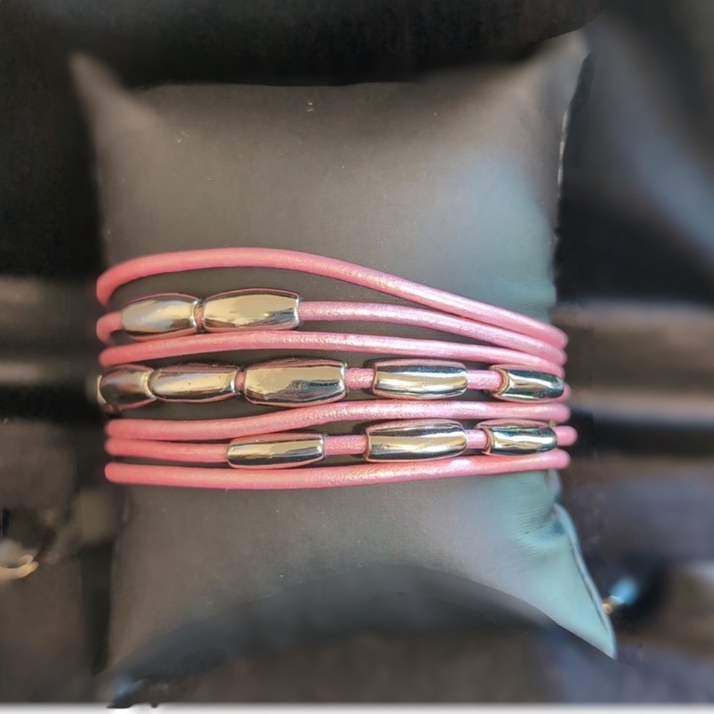 Nine & Co. Pink Leather Strand and Silver Link Bracelet NWT